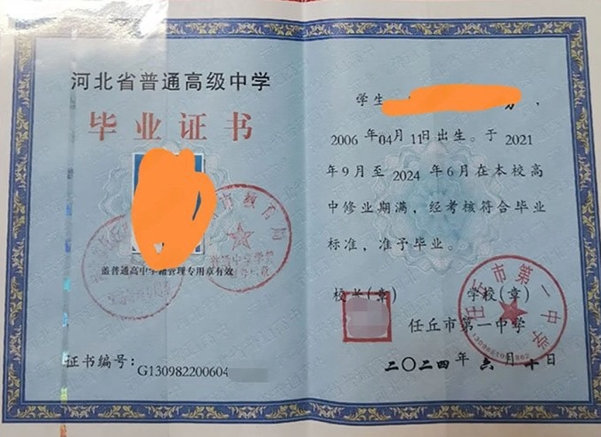 防城港任丘市第一中学高中毕业证样本图片